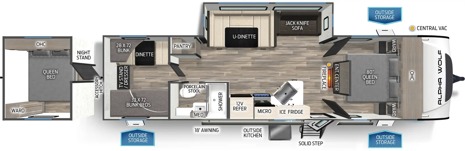 The 280QBS has one slideout and one entry. Exterior features outside storage, solid step entry, outside kitchen with ice maker and refrigerator, 18 foot awning, and rear accessory hitch. Interior layout front to back: foot-facing queen bed with overhead cabinet and wardrobes on each side; island entertainment center with fireplace below and central vacuum; off-door side slideout with jackknife sofa and u-dinette; door side entry, kitchen counter with sink, overhead cabinet with microwave, cooktop, and 12V refrigerator; off-door side pantry; door side full bathroom with porcelain toilet and medicine cabinet; rear bunk room with door side bunk beds, off-door side bunk above dinette, and rear TV stand/dresser (Optional second bedroom available in place of bunk room with off-door side side-facing queen bed with overhead cabinets, and door side wardrobe).